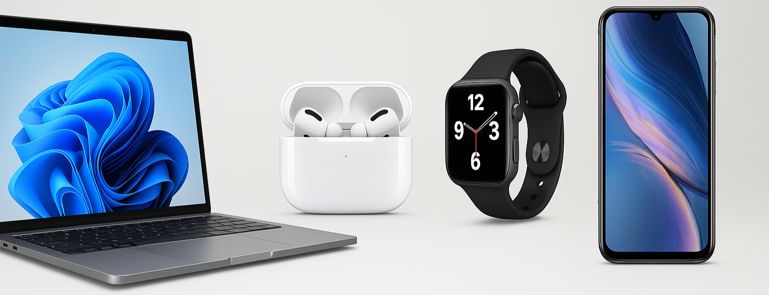 Laptop, airpods, smartwatch, and smartphone on a white background